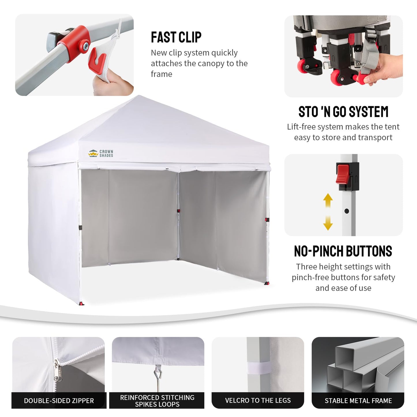 CROWN SHADES 10X10 Commercial Instant Canopy Pop Up Tent with CENTERLOK, 300D Fabric, 4 Sidewalls, White