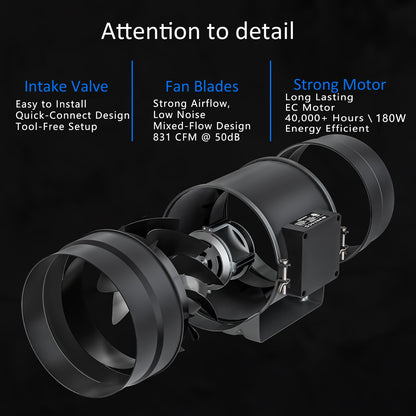 Toolazy 8 Inch Inline Duct Fan with WiFi App Control, 831 CFM Quiet EC Motor Ventilation Fan with Temperature Humidity Sensor, Smart Exhaust Fan for Large Grow Tent, Hydroponics, HVAC, Commercial Use