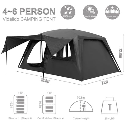 Vidalido 4-6 Person Camping Tent with 3 Door 2 Room Large Family Cabin Tents, Double Layer Waterproof Portable Glamping Tent, Big Tents for Outdoor Camping Hiking and Backpacking