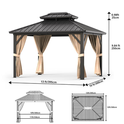 10' x 12' Hardtop Gazebo, All-Weather Aluminum Frame Outdoor Canopy with Double Polycarbonate Roof, Permanent Outdoor Gazebo with Netting & Curtains for Garden, Lawns, Patio, Khaki.