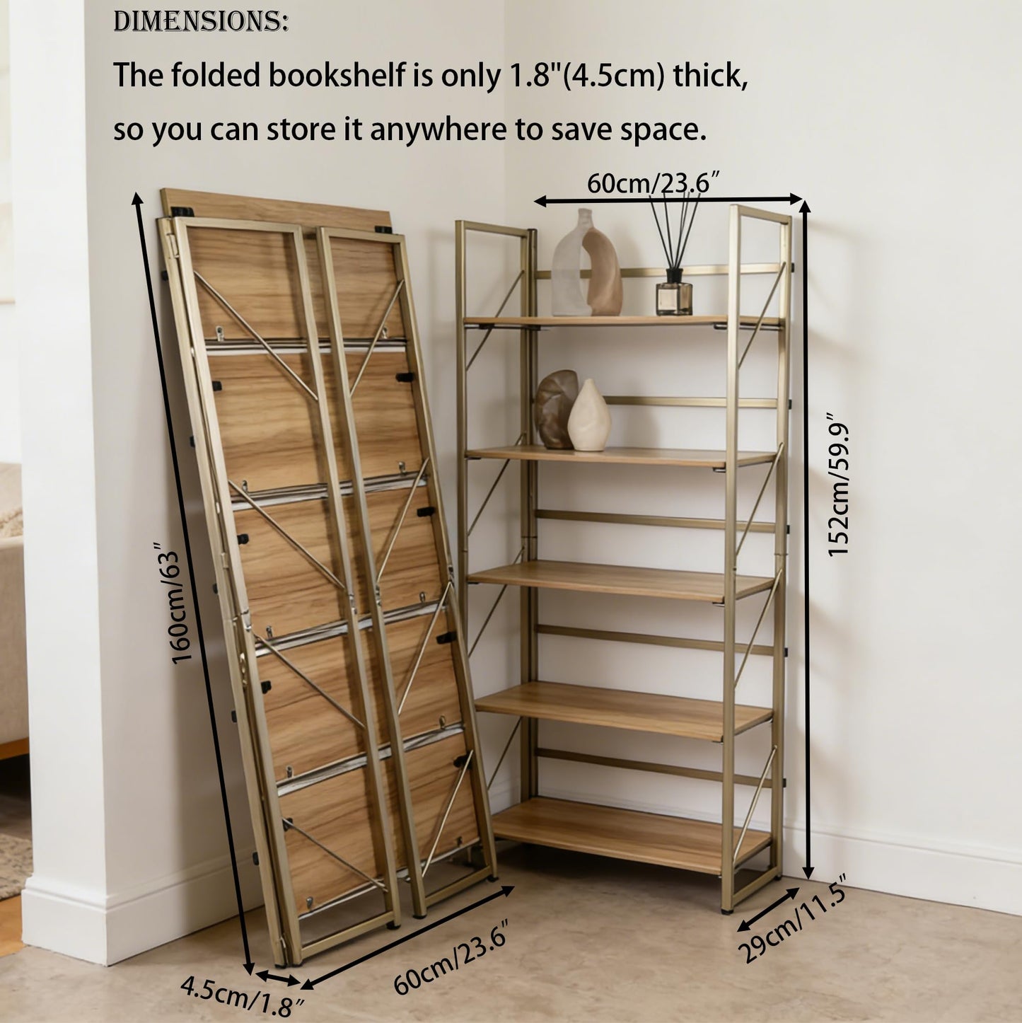 Kogven Folding Bookshelf, 2-in-1 Convertible Design, Multifunctional Plant Stand Storage Rack Shelves for Home Office, Easy Assembly, 5-Tier,Gold & Nature Wood