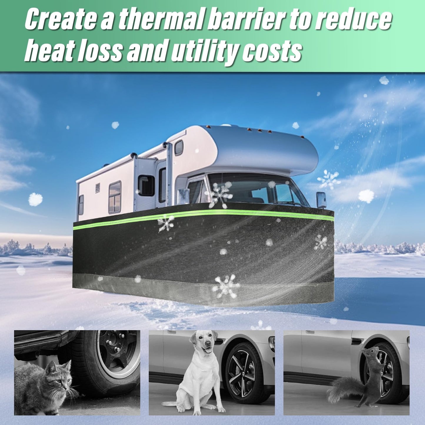 RV Skirting for Travel Trailers & 5th Wheels, 65.5FT Skirting for RV Campers Heavy Duty 2.6FT High Camper Insulated Skirt with Bottom Stainless Steel, All-Weather Windproof Waterproof UV-Resistant