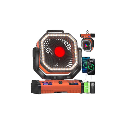 EEIFO 12 Inch Portable Camping Fan, 40000mAh Rechargeable Battery Powered Fan with 4 Speeds Wind and LED Light 140H, Cool & Warm Light and SOS Mode, Auto Oscillating, 360° Rotating Hang Hook(Orange)