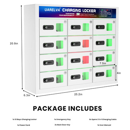 UARELVA Metal Locker 12 Slots Storage Cabinet with Password Lock | Cell Phone Charging Station Locker | White Steel Storage Lockers for Employees,Schools,Hotel,Library,Gym