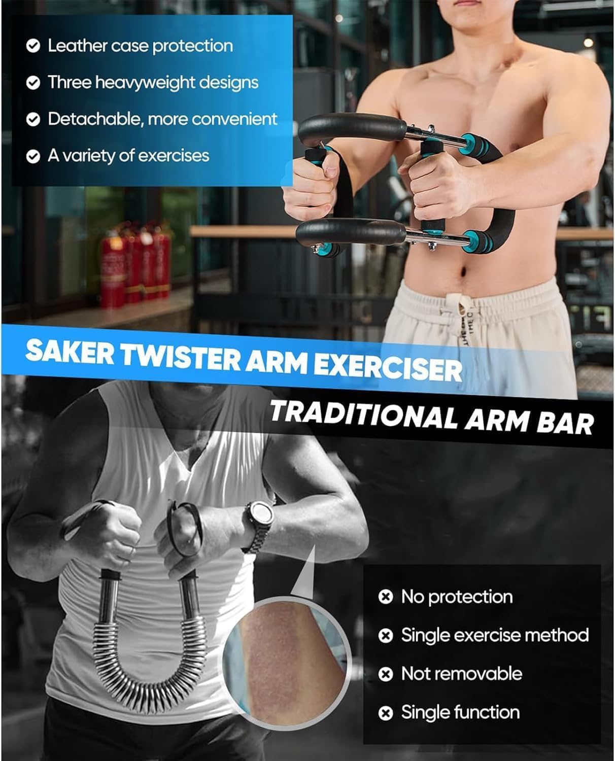 Saker Twister Arm Trainer, 40-100lb Adjustable Chest Workout Equipment, Arm Trainer, Twister Arm Trainer, Portable Power Twister Bar, Detachable Design Fitness Anywhere (Blue)