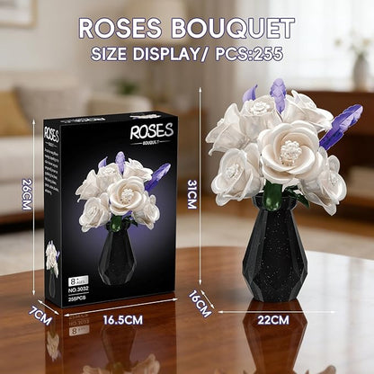White Roses Flowers Bouquet Building Set with Vase 256 Pcs Artificial Botanical Collection with Purple Accents Floral Centerpiece Home Decor Gift for Adults