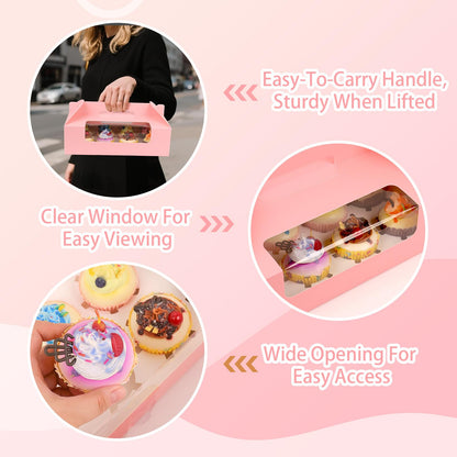FORBFAN 30 Pcs Cupcake Boxes, 12 Count Muffin Boxes with Handle, Window, and Inserts, Pink Cupcake Holders Bakery Carrier Boxes for Cookies Treats Dessert
