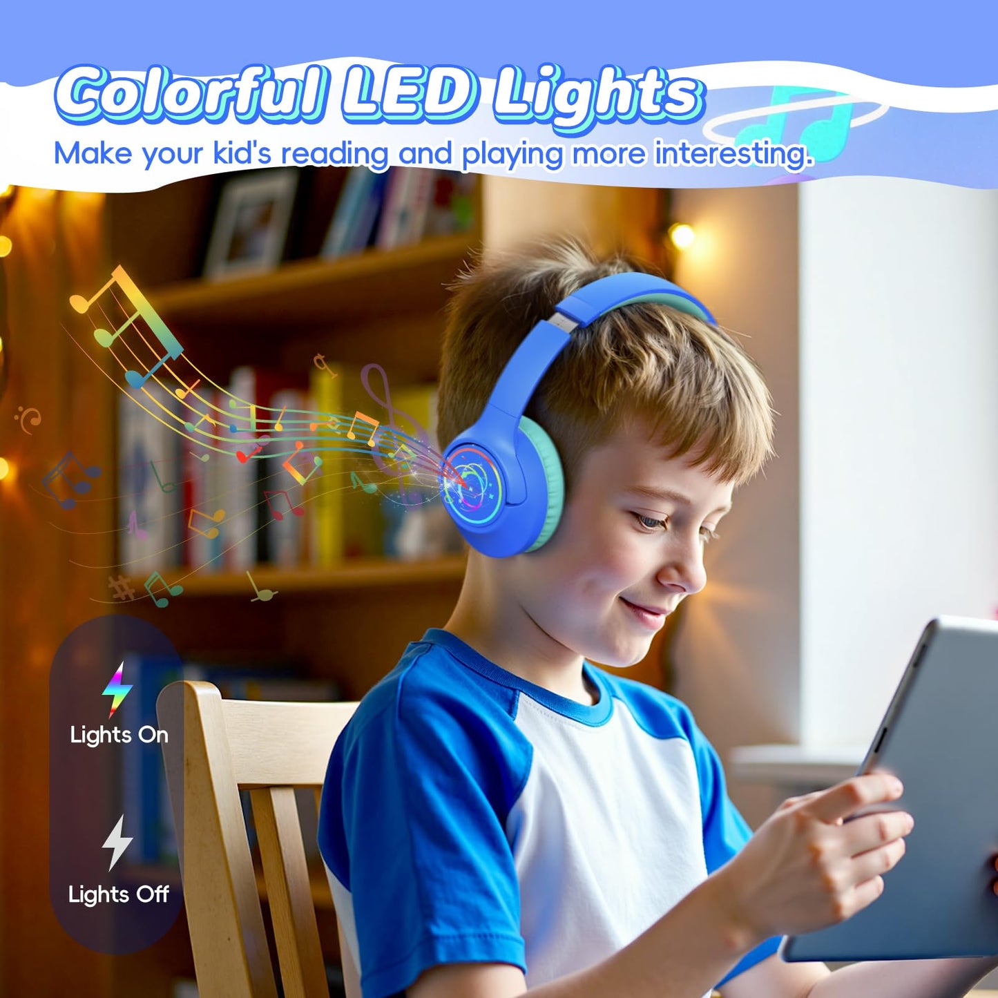 Kids Bluetooth Headphones, 85H Playtime Wireless Headphones for Kids, Colorful LED Lights, 85/94dB Safe Volume Limit, Bluetooth 5.4 Built-in Mic Toddler Headset for Tablet/Airplane/Travel (Blue)