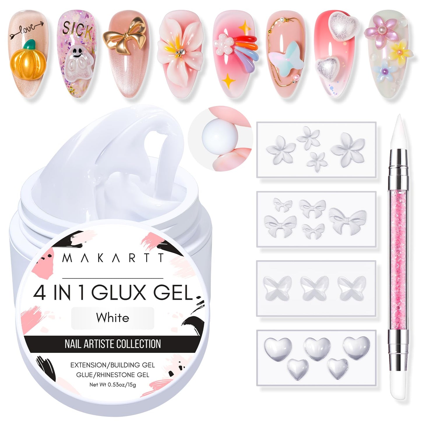 Makartt Clear Gel Builder Kit: Self-Levelling, Long Lasting Extension Hard Gels for Strengthener, Broken Nails Repair Gel Kit with Paper Forms, Dual forms, Nail File and Dual-End Brush 1.06 oz