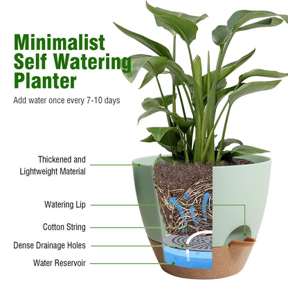 WSMKSZ 10/9/8 inch Self Watering Pots, Planter, Plant Pots with Mesh Drainage Holes for Indoor Outdoor Garden Plants, Plastic Flower Pots with Deep Reservoir for House Plants, Green with Brown