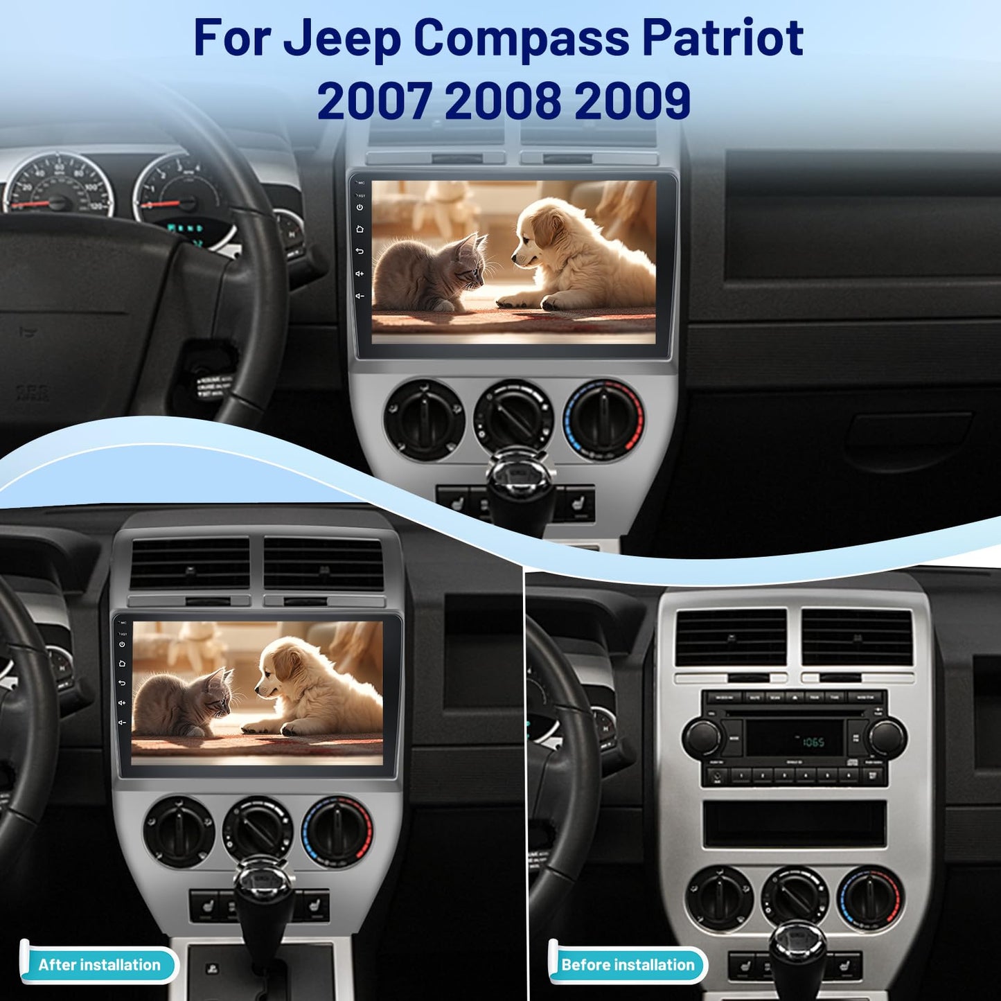4G+64G Volxcereo Car Radio for Jeep Compass Patriot 2007 2008 2009, 10.1 inch Android Touchscreen Compass Stereo with Carplay/Android Auto, GPS Navigation, WiFi, Bluetooth, SWC, FM/RDS