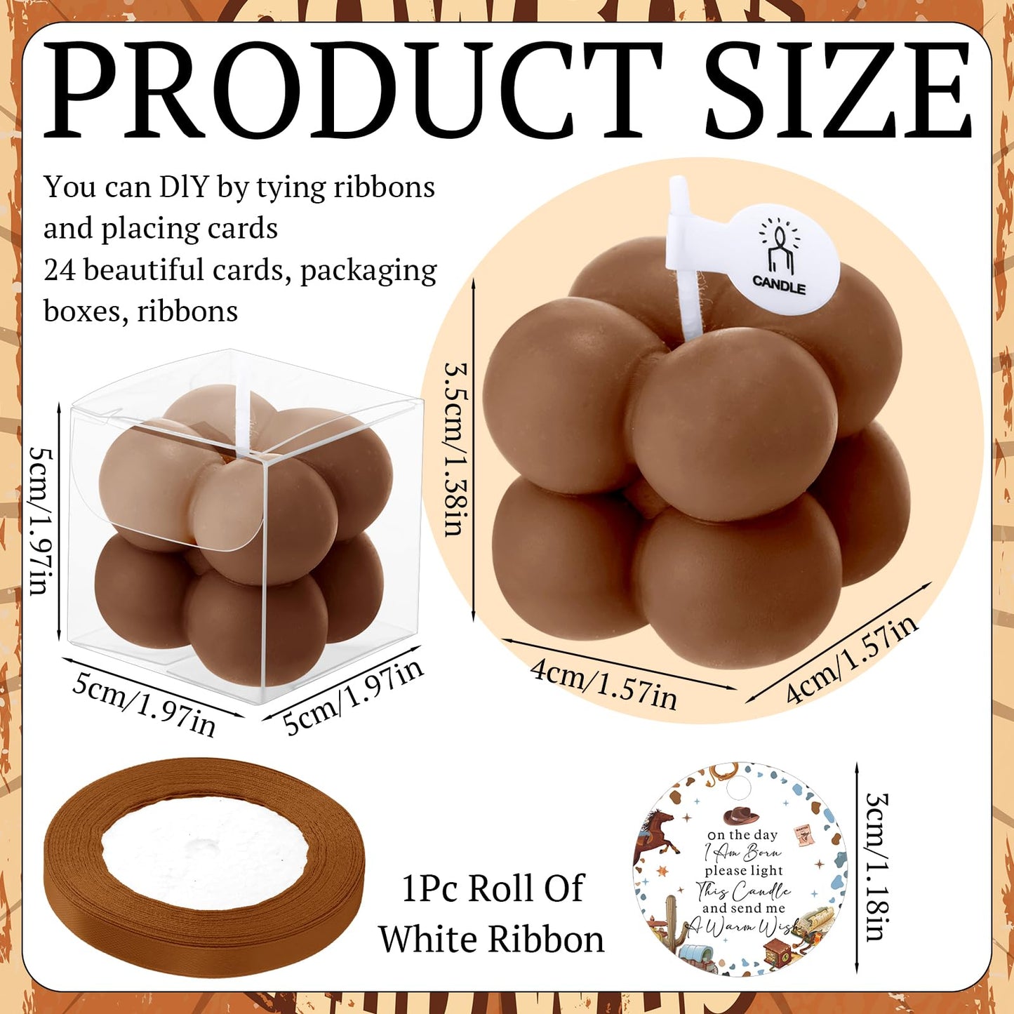 MTLEE 24 Sets Cowboy Baby Shower Favors Small Bubble Candle Baby Shower Favors for Guests Tea Candles Bulk with Stylish Ribbons Cards Gifts Party Decorations