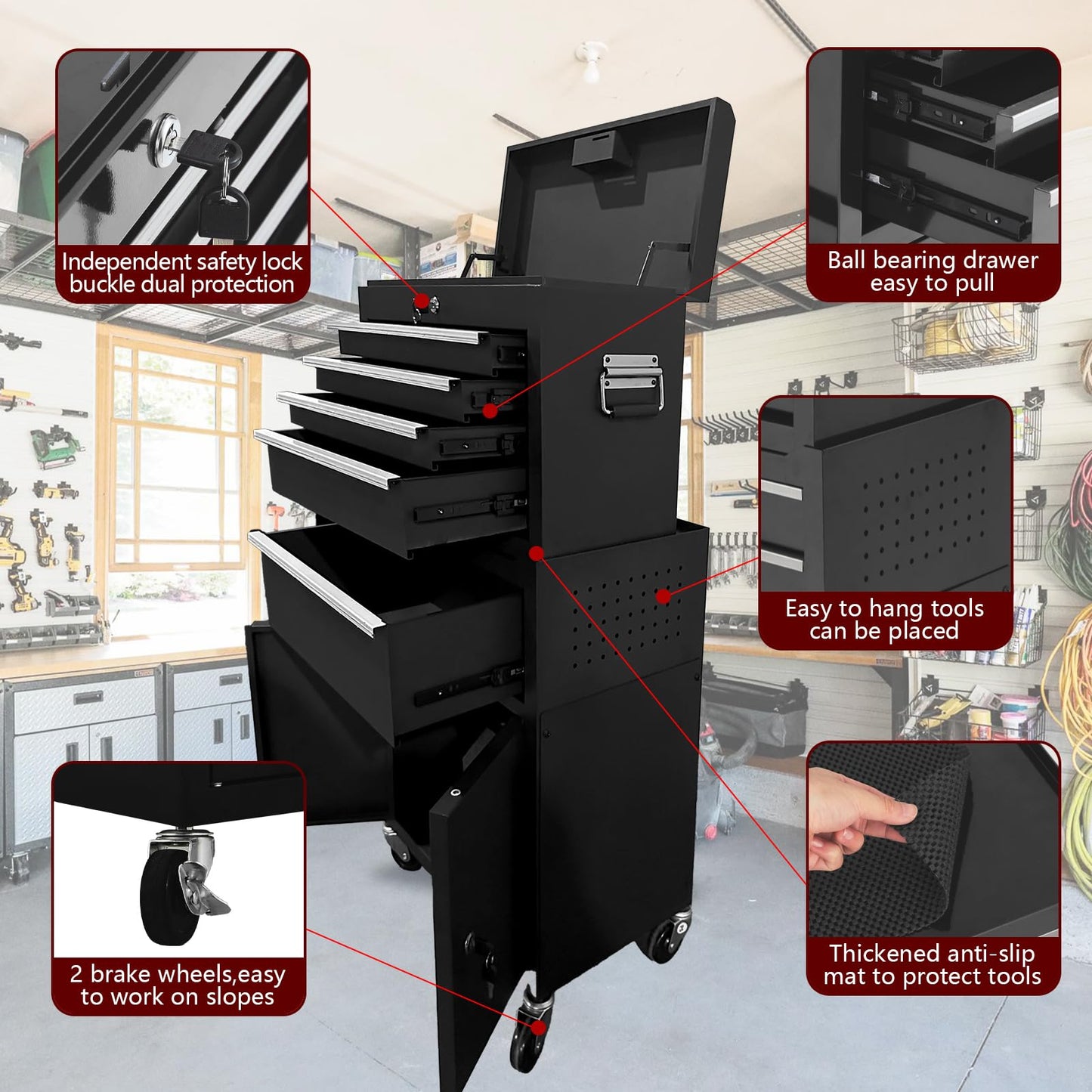 5-Drawer Rolling Tool Chest, 2-in-1 Detachable Top Tool Cabinet with Removable High Capacity Storage, Sliding Drawers, Wheels, Locking System & Liners for Workshop, Mechanics, Garage and Warehouse Use