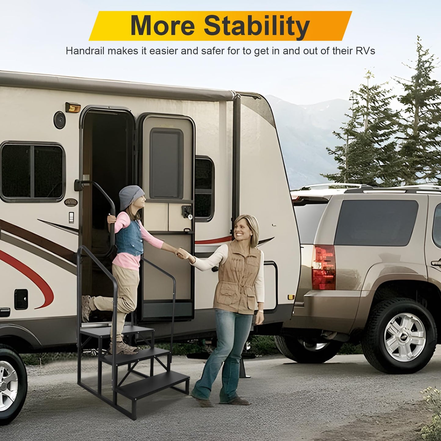 TOCRETOARE RV Steps with Handrail, Hot Tub Steps with Handrail, Portable Stairs Steps for 5th Wheel RV, Mobile Home Stairs Outdoor RV Step (3 Steps with 2 Handrails)