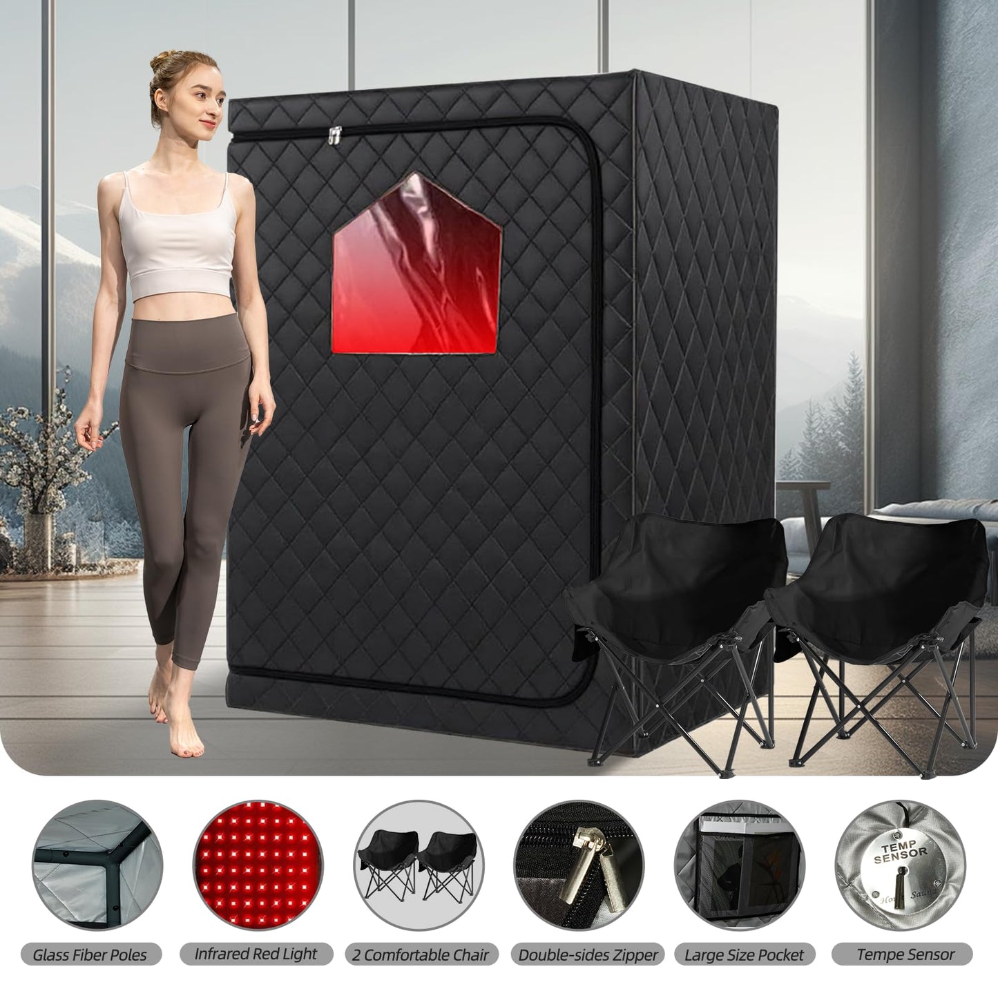 iDOTODO 2 Person Infrared Sauna Box, Portable Infrared Sauna for Home, Personal Infrared Saunas with Red Light Threapy, Remote Control, Upgraded Comfortable Chair