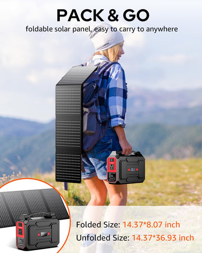 Solar Powered Generator 200W Peak/100W Rated, Portable Solar Generator Power Station with Solar Panels 40W Included, 146Wh Solar Power Bank with AC Outlet 110V for Home Use Camping Outdoor Adventure