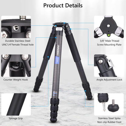 Compact Carbon Fiber Tripod – Heavy Duty 40mm Leg Tubes, Max Height 63.6in/162cm, Stable and Lightweight Travel Stand for DSLR, Video Cameras, Max Load 40kg, Portable for Photography Video Shooting