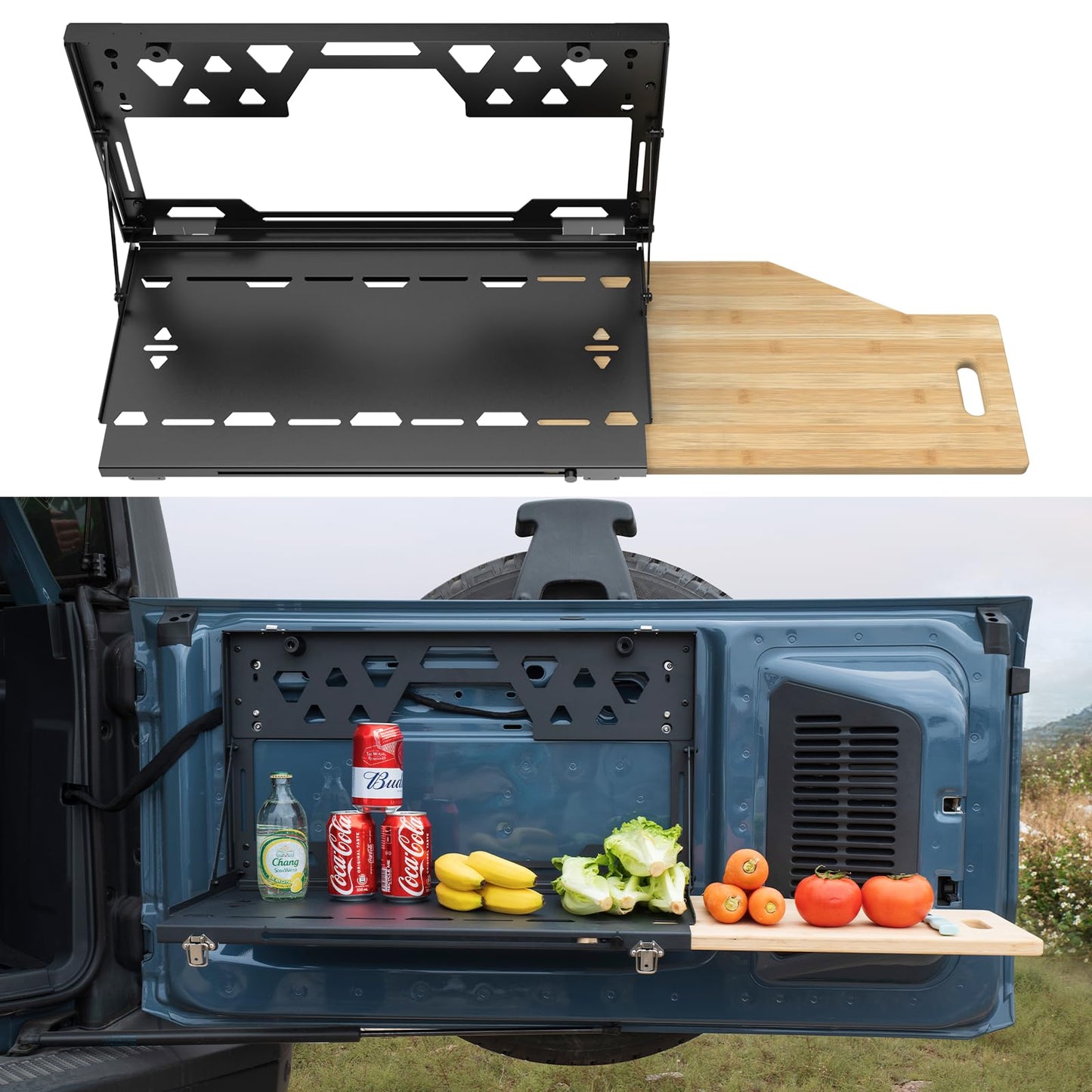Bronco Tailgate Table for 2021-2026 Ford Bronco 2/4 Door, Foldable Rear Cargo Table & Shelf Storage with Extra Solid Bamboo Extension Board, No-Drill Install, Camping Overlanding Bronco Accessories