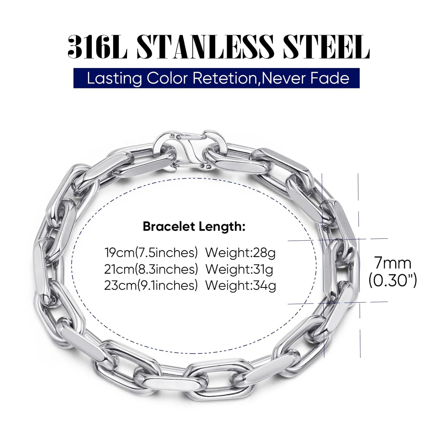 VNOX Link Chain Bracelets for Men - Cool Mens Bracelets Diamond-Cut Paperclip Solid Chain Bracelet Chunky Stainless Steel Jewelry Trendy Gifts (Silver, 7.5)