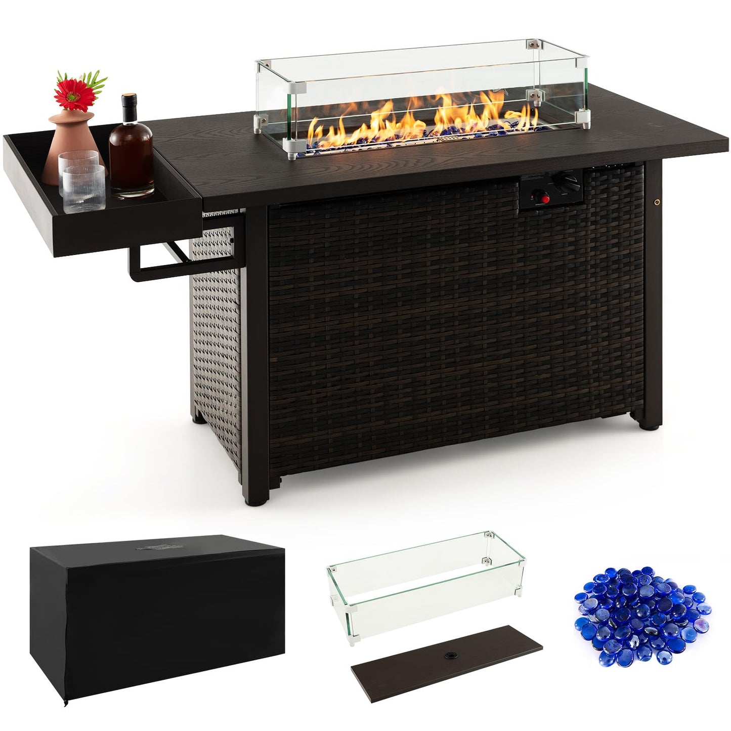 Tangkula Patio Propane Fire Pit Table, 52 Inch Wicker Gas Fire Pit with Wind Guard & Extended Shelf, 50,000 BTU Heat Output, Rectangular Fire Table with Blue Fire Stone & Waterproof Cover (Brown)