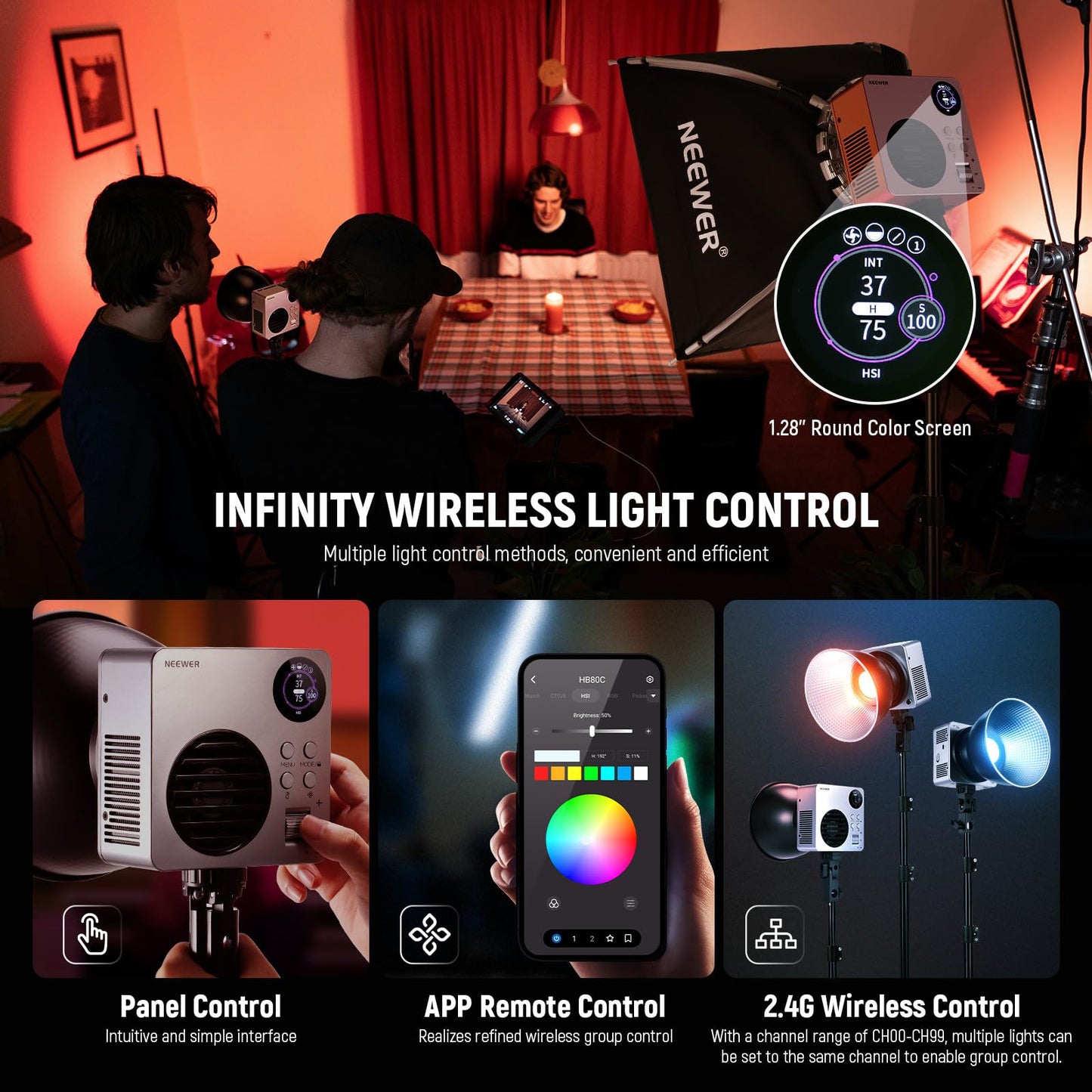 NEEWER HB80C RGBWW LED Video Light with Built-in 72Wh Battery & 100W PD Fast Charging, 80W Mini RGB COB Continuous Output Lighting Bowens Mount Handheld Spotlight 2500K-7500K, 10400lux/m, 18 Effects