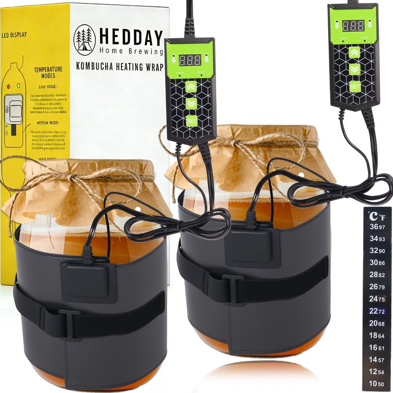 Kombucha Heating Wrap 2-Pack with Digital Thermostat, Adjustable Temperature 45–113°F, Waterproof Fermentation Heater Belt for Kombucha Brewing, Wine, Beer & Yogurt
