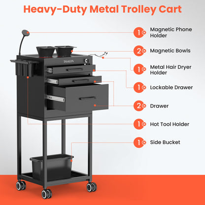 TASALON Salon Trolley Cart with Wheels, Lockable Metal Rolling Cart with Drawers, Magnetic Bowls & Phone Holder, Mobile Storage Organizer for Hair Stylist, Barber & Tattoo Supplies, Black