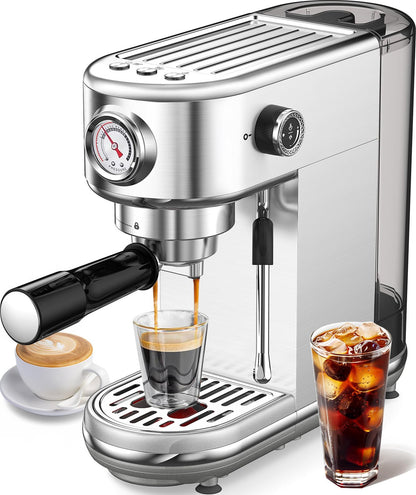 atatix Espresso Machine with Milk Frother, 20 Bar Pressure Espresso Maker, with 44OZ Removable Tank, Compact Stainless Steel Coffee Machine for Home, Office, Latte, Cappuccino, Macchiato, Silver