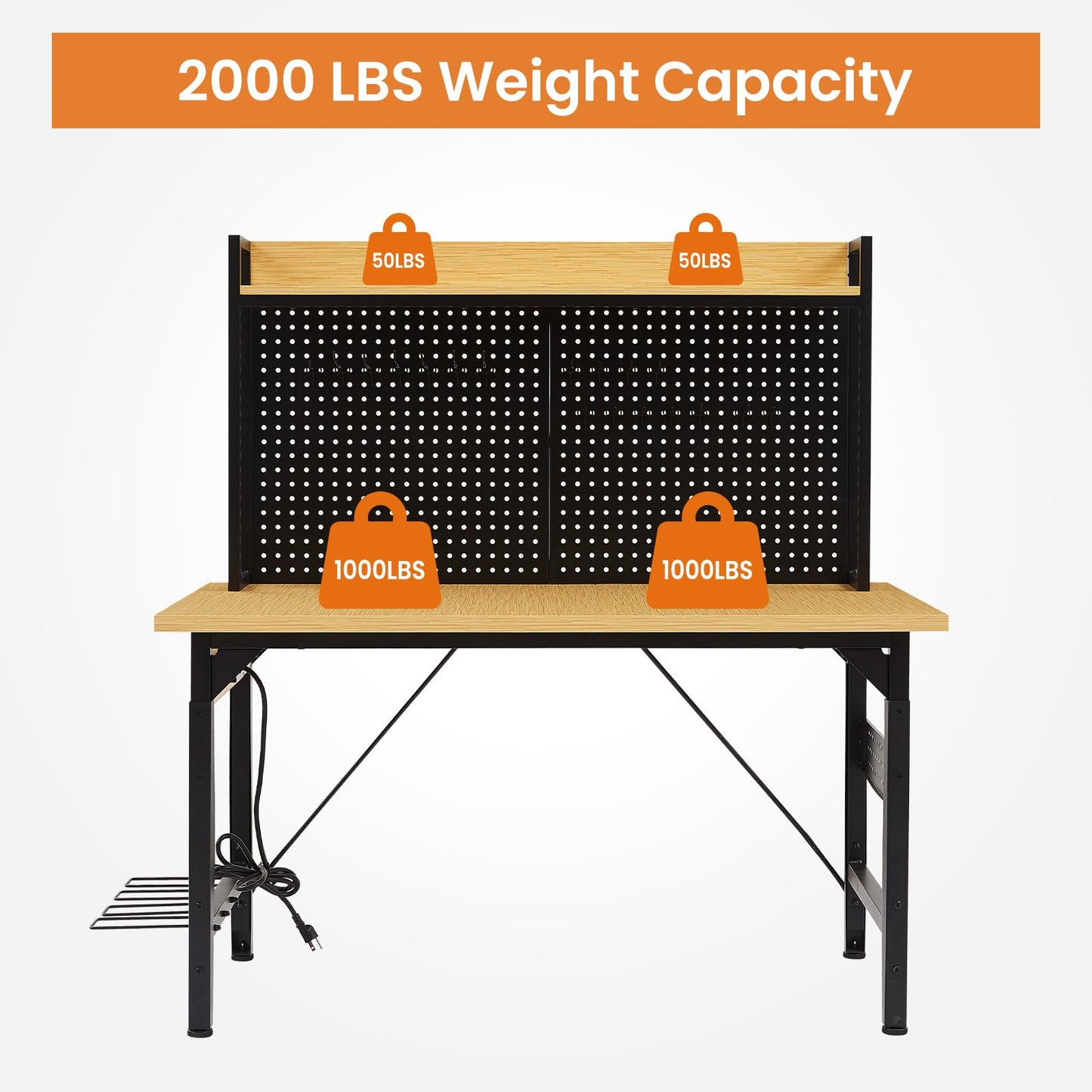 KEIKI 48 Inch Adjustable Workbench with Pegboard and Outlets, Heavy Duty Rolling Work Bench with Wheels, Wooden Desktop Shelf Hooks, 2000 lbs Capacity for Garage Workshop Home, Yellow Black