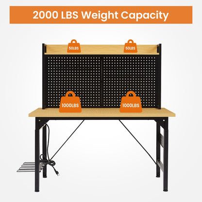 KEIKI 48 Inch Adjustable Workbench with Pegboard and Outlets, Heavy Duty Rolling Work Bench with Wheels, Wooden Desktop Shelf Hooks, 2000 lbs Capacity for Garage Workshop Home, Yellow Black