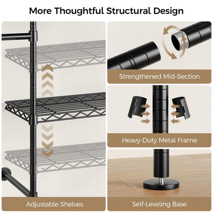Closet Organizers and Storage, 4-Row Heavy Duty Clothes Rack for Hanging Clothes, Wall Mounted Closet System with 4 Telescopic Rods, 2 Fixed Rods, 5 Hooks, 8 Shelves for Wardrobe, Bedroom, Small Space