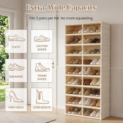 Tykacna Foldable Shoe Rack with Doors, Stackable Plastic Shoe Organizer, Large Clear Shoe Storage Boxes for Closet and Entryway, Portable Collapsible Shoe Cabinet 9 Tiers, 27Pairs