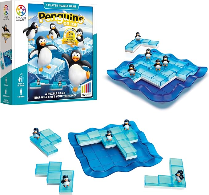 SmartGames Penguins on Ice – Sliding Logic Puzzle Game with 60 Challenges STEM Brain Teaser for Kids Ages 6+ Travel-Friendly Single Player Puzzle
