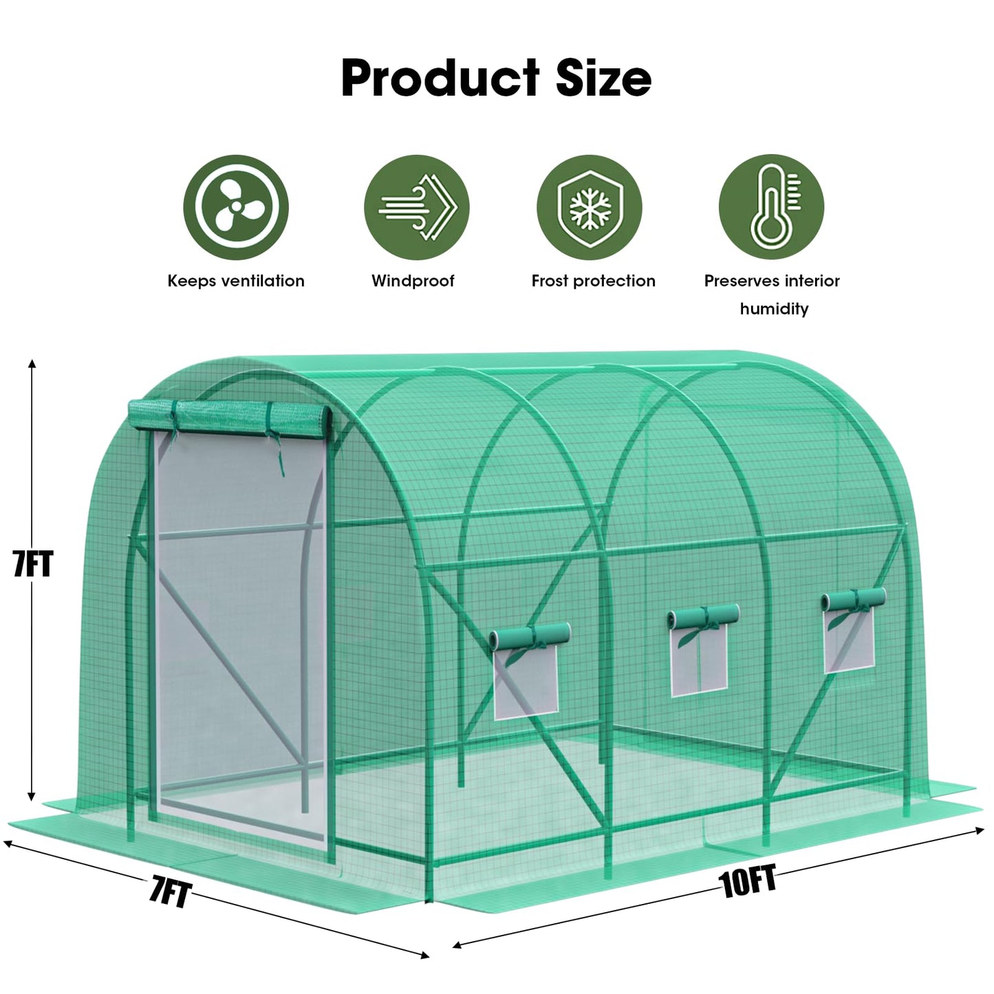 Grezone Walk-in Greenhouse Upgraded Green House with Dual Zippered Screen Doors & 6 Screen Windows Heavy Duty Plastic Plant Warm House with Reinforced Frame (10x7x7 FT)