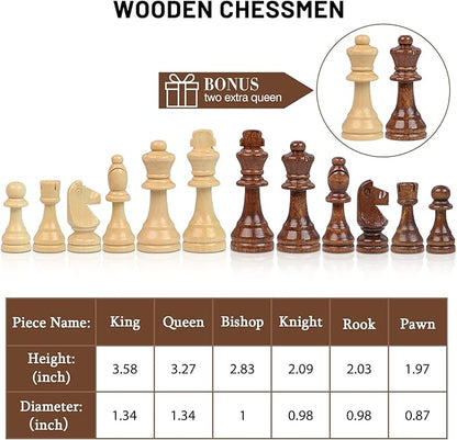 LEAP Wooden Chess Set 17 Inches - 2 Extra Queens - Folding Board Raised Edge Handmade Portable Travel Chess Board Game Sets with Game Pieces Storage Slots - Chess Set for Adults and Beginner