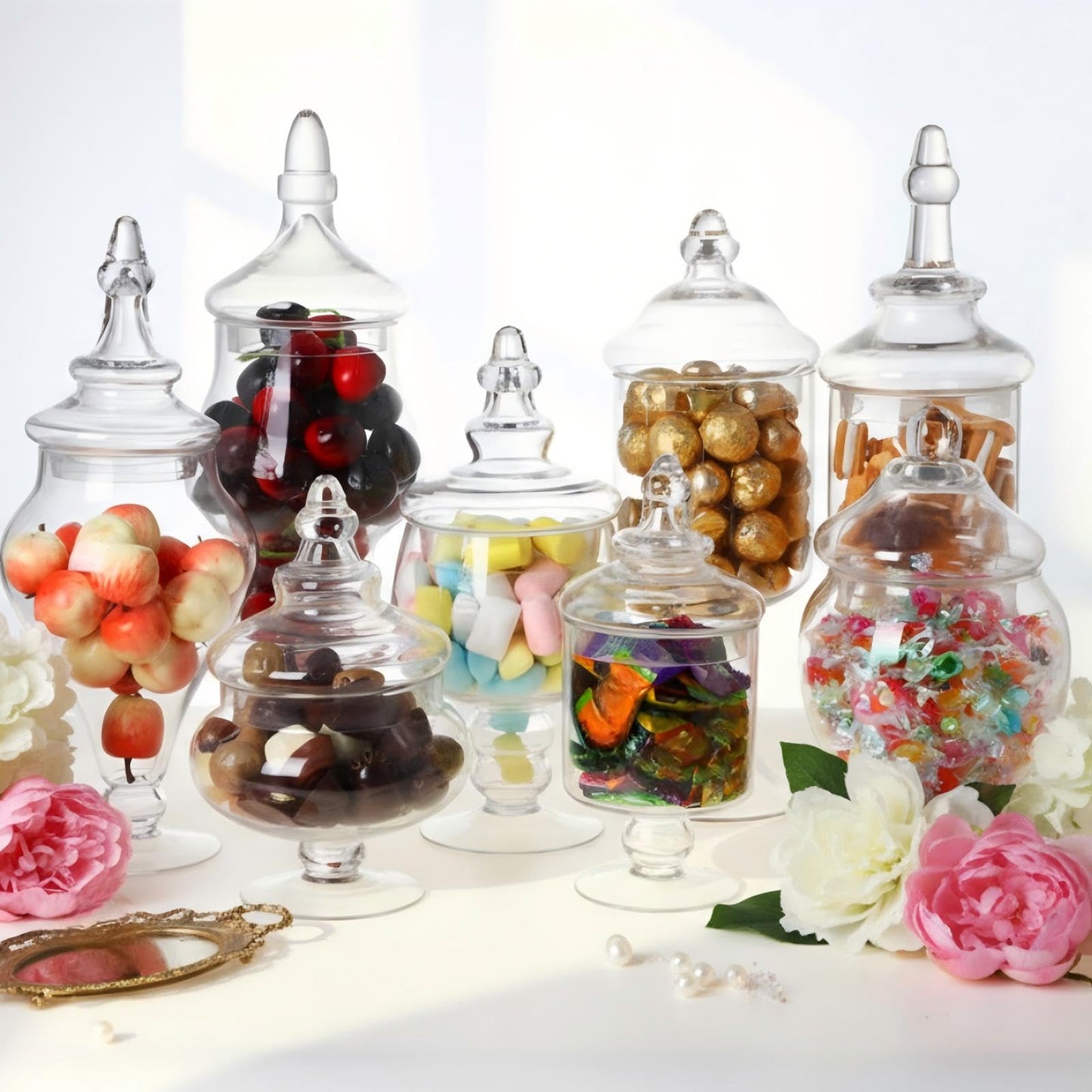Mimorou 8 Set Glass Apothecary Jars with Lids and Plastic Scoops, Large Clear Candy Buffet Jars Decorative Storage Canisters Set Table Containers for Candy Bar Wedding Kitchen Bathroom(Various Glass)