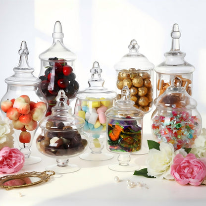 Mimorou 8 Set Glass Apothecary Jars with Lids and Plastic Scoops, Large Clear Candy Buffet Jars Decorative Storage Canisters Set Table Containers for Candy Bar Wedding Kitchen Bathroom(Various Glass)