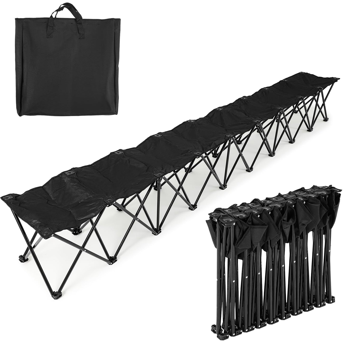 GlikCeil 9 Seats Black Folding Soccer Team Bench Seat Portable Sports Team Bench Unfolded Sideline Chair Playing Field Bleachers for Football Outdoor Sports Events with Storage Bag, No Assembly