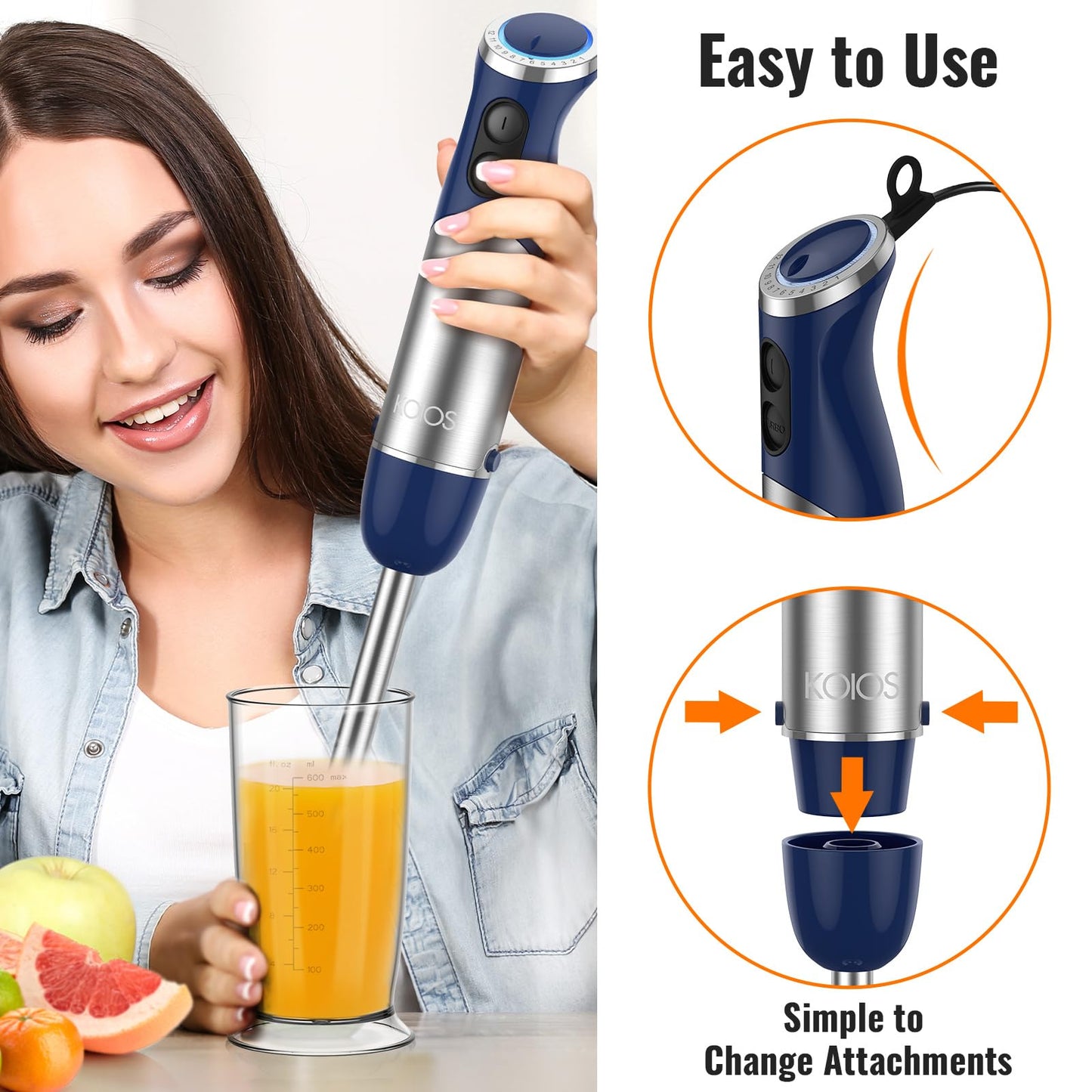 KOIOS 5-in-1 Hand Immersion Blender, 1000W 12 Speed Handheld Blender Stick with Copper Motor Stainless Steel Blade, 600ml Mixing Beaker,500ml Food Processor, Whisk, Milk Frother, Non-BPA, Red