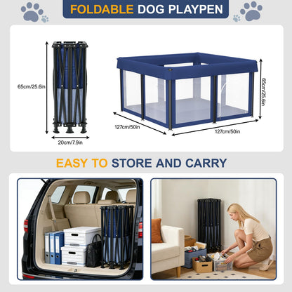 50x50x25.6 Inches Puppy Playpen with Gate, Foldable Dog Playpen for Puppies or Small Dogs, Pet Fence with Thickened Fabric, for Indoor Outdoor (Blue)