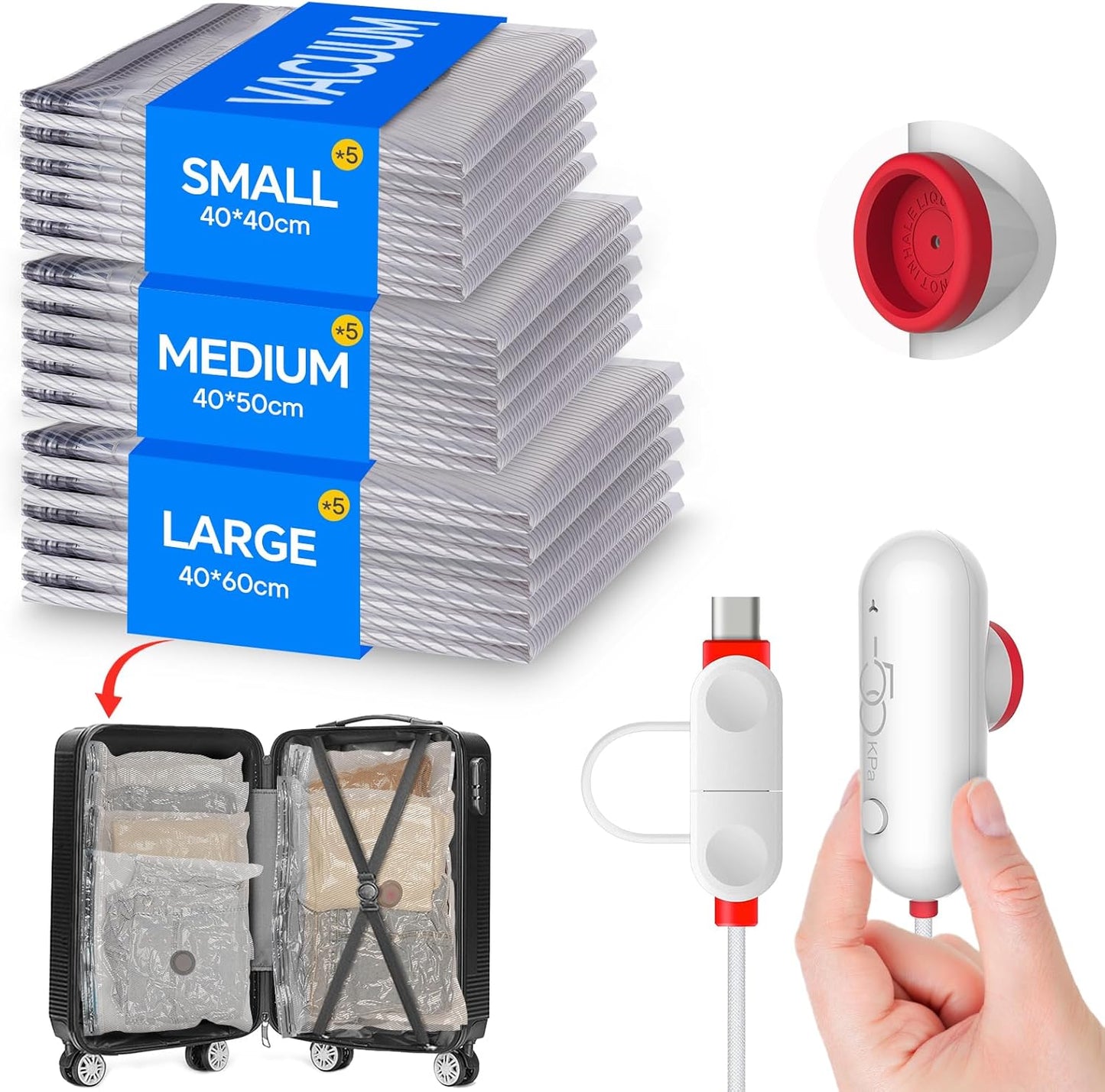 Vacbird Vacuum Storage Bags - 15 Pack Travel Size with USB Pump | Space Saver for Clothes