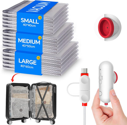 Vacbird Vacuum Storage Bags - 15 Pack Travel Size with USB Pump | Space Saver for Clothes