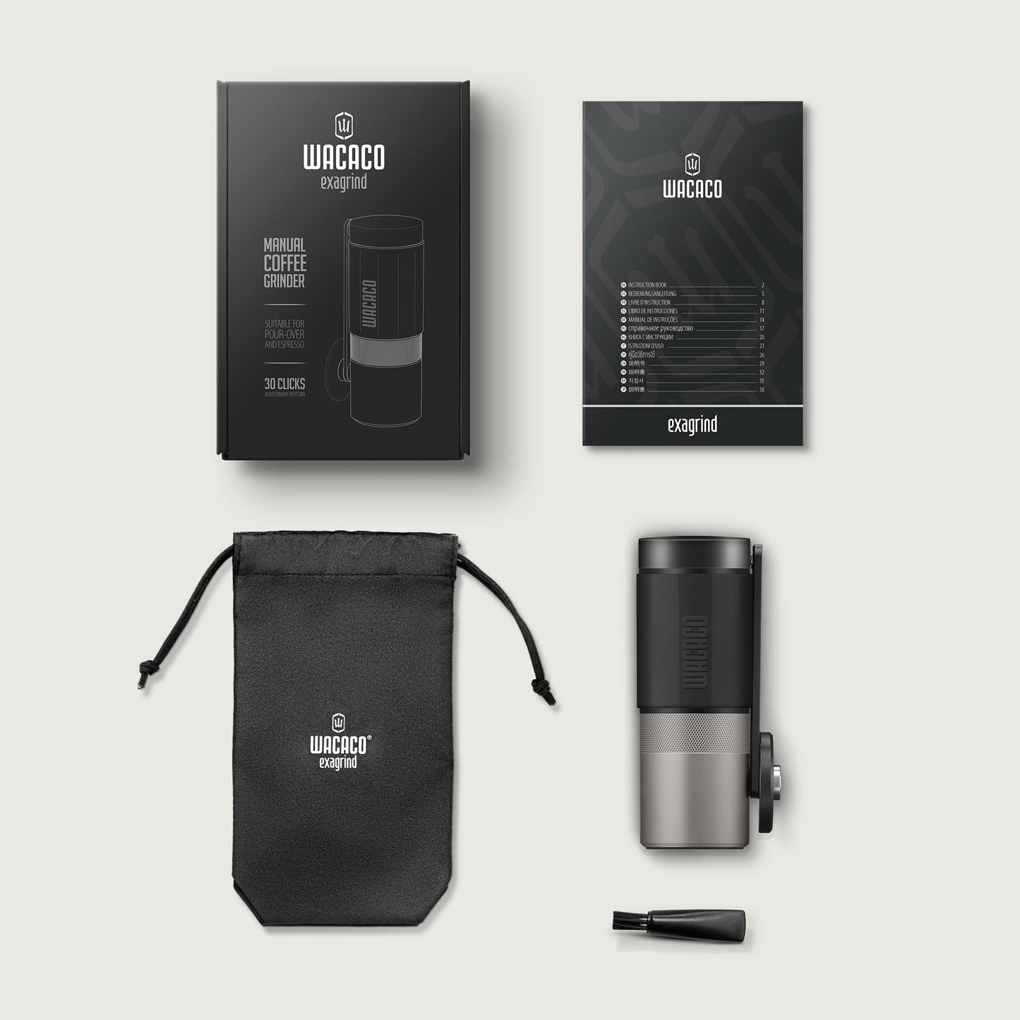 WACACO Exagrind, Manual Coffee Grinder, Stainless Steel Conical Burr, High Precision Adjustable Coffee Bean Grinder with Hand Crank, Handheld Portable Grinder for Espresso, Pour-over, Camping, Travel