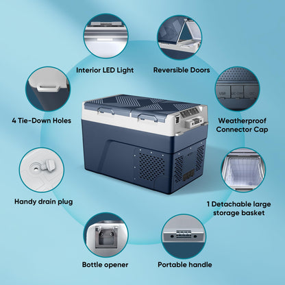 Feelfunn 12 Volt Refrigerator Electric Cooler - 40QT(38L) Dual Zone Portable Fridge, Car Fridge -4℉~68℉, Car Refrigerator 12/24V DC 100-240V AC, Portable Freezer for Travel Camping RV Home - Blue