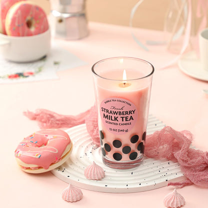 Strawberry Candles,Boba Candle,Strawberry Boba Scented, Valentines Day Galientines Brithday Funny Food Gift Candle for Milk Tea Lovers,12oz