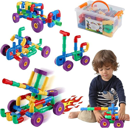 ZOZOPLAY STEM Learning Toy Tubular Pipes &amp Spouts &amp Joints 64 Piece Build Bicycle Tank Scootie Moter Skills Endless Designs Educational Building Blocks Set for Kid Ages 3+ Multicolor