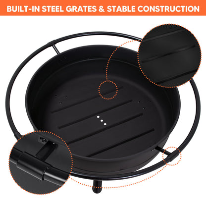 SUNCREAT 42" Outdoor Portable Fire Pit with Spark Screen, Fire Poker, Wood Burning Patio Fire Pits with Protective Ring, Black