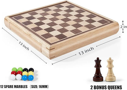 VAMSLOVE 13 Chess Chinese Checkers 2 in 1 Wooden Board Game Set with Pieces Storage Drawer - 2 Extra Queens Bonus Marbles for Birthday Gift (Instructions Included)