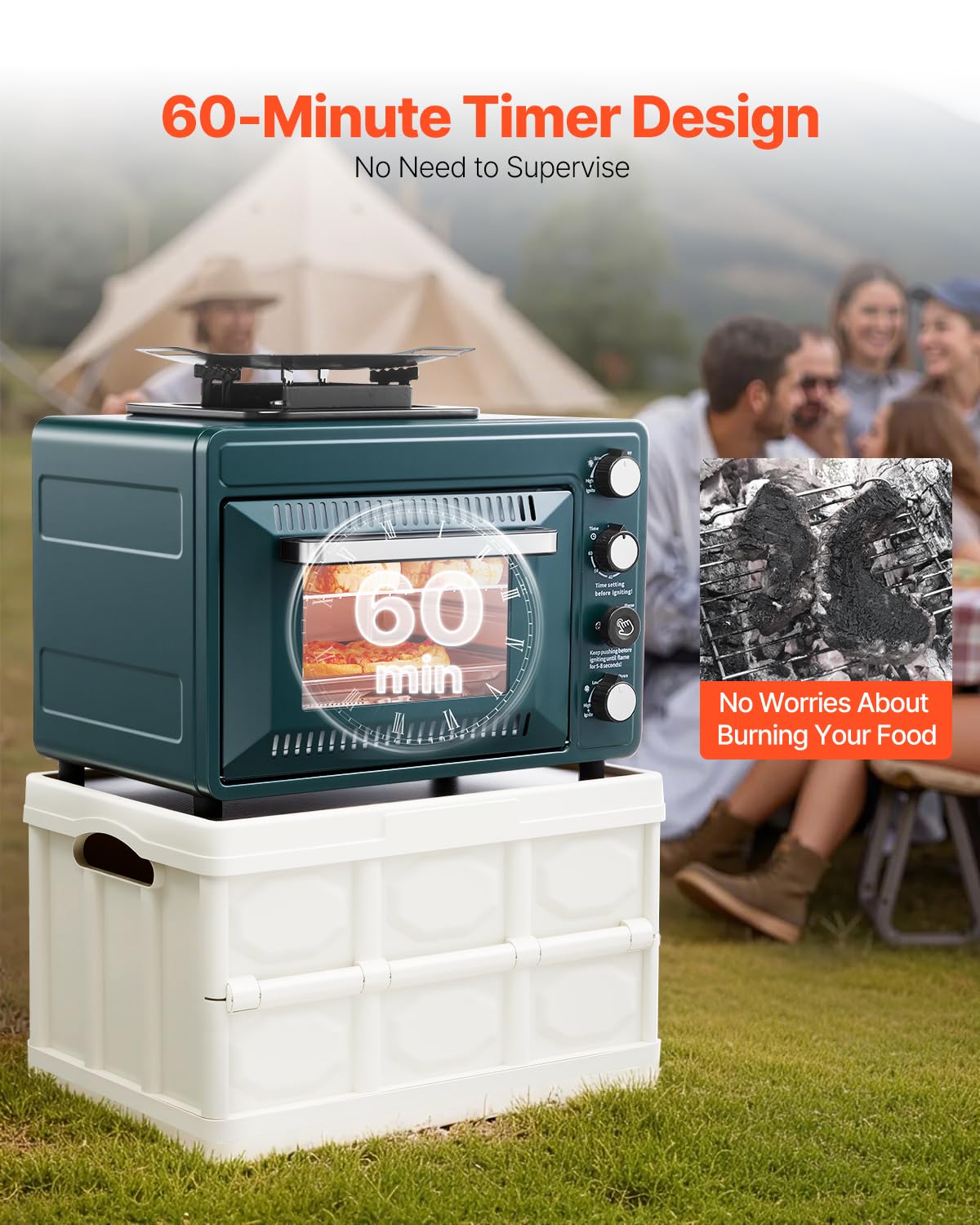 VEVOR Outdoor Camping Oven, 2-in-1 Portable Gas Camping Stove Oven Combo, Adjustable Fire, 60-Minute Timer, Windproof, for Camping Backyard Picnic Outdoor Cooking, Universal Butane Canister Compatible