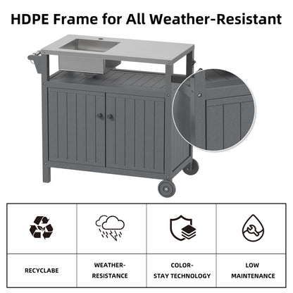 TORVA All in One Outdoor Grill Cart with Sink,Cabinet and Cover, 42 inch Freestanding Modular Kitchen Sink Station in 304 Stainless Steel&HDPE, All Weather Use BBQ Table, Grey